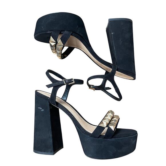 SCHUTZ Nedy Black Suede Gold Stud Chunky Platform Heel Sandals Size 9 - Picture 3 of 13